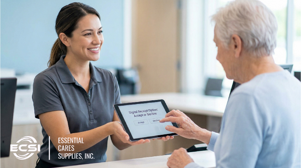 Customer reviewing a digital receipt option on a payment terminal.
